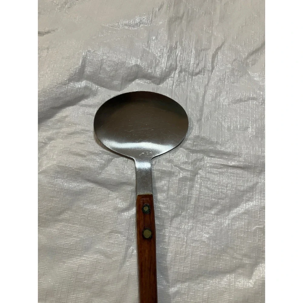 Vintage Stainless Steel Cooking Spoon Long Wooden Handle Kitchen Utensil